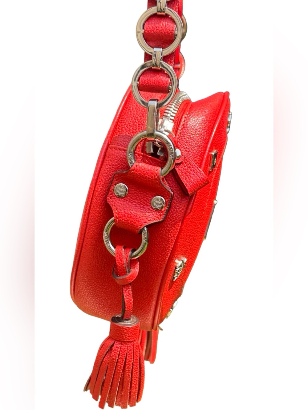VTG MCM Red Grained Leather Round Tambourine Crossbody Bag Silver Studded - Picture 7 of 16